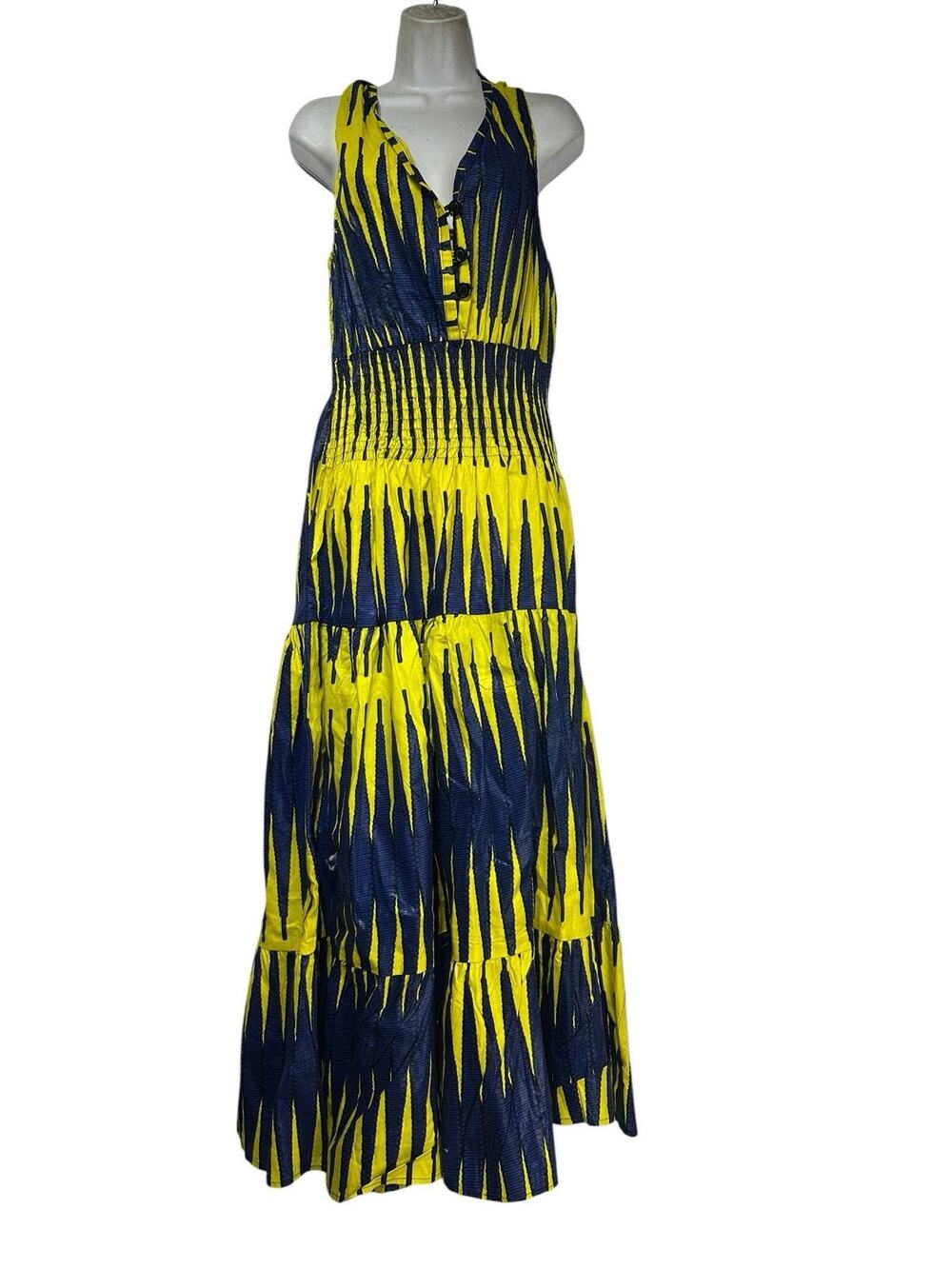 African Stars Women’s One Size Smocked Tiered Sleeveless Maxi Dress Yellow Blue